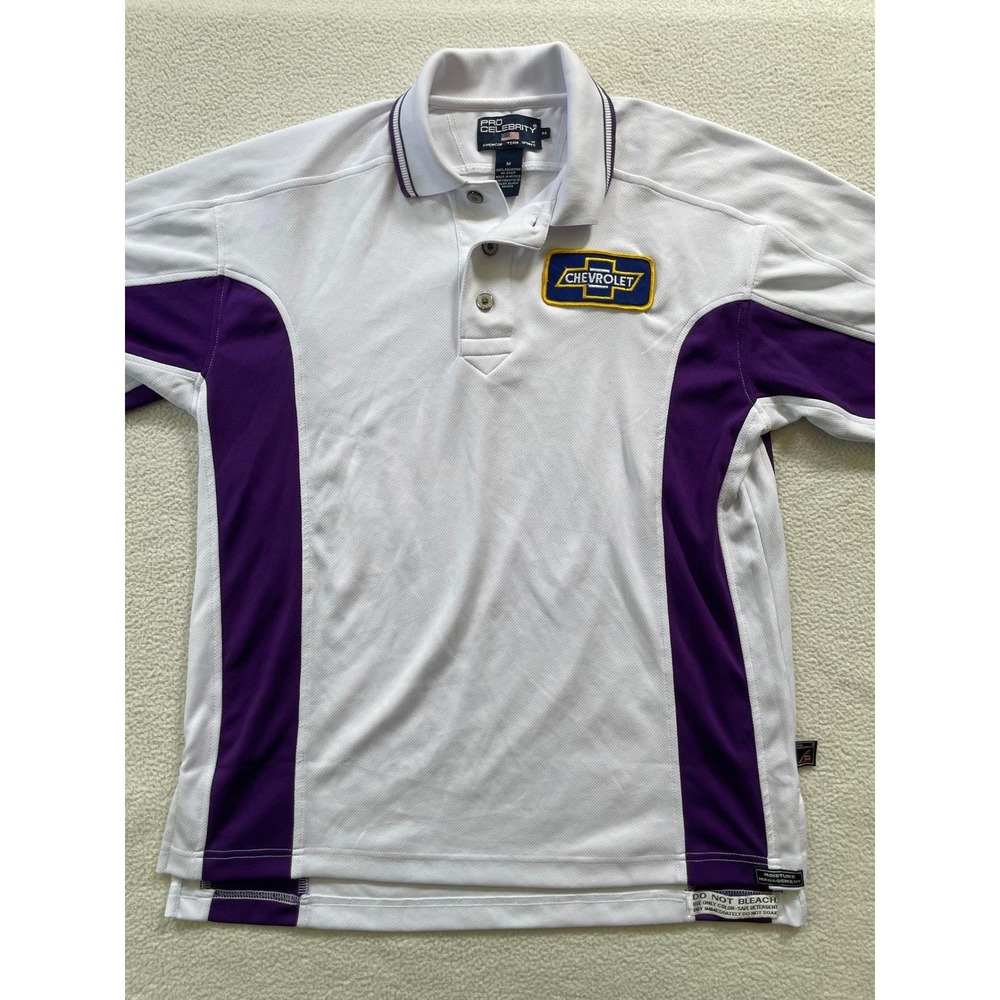 90s Vintage Mens Medium Chevrolet Patch Polo Shirt White Purple Color Block